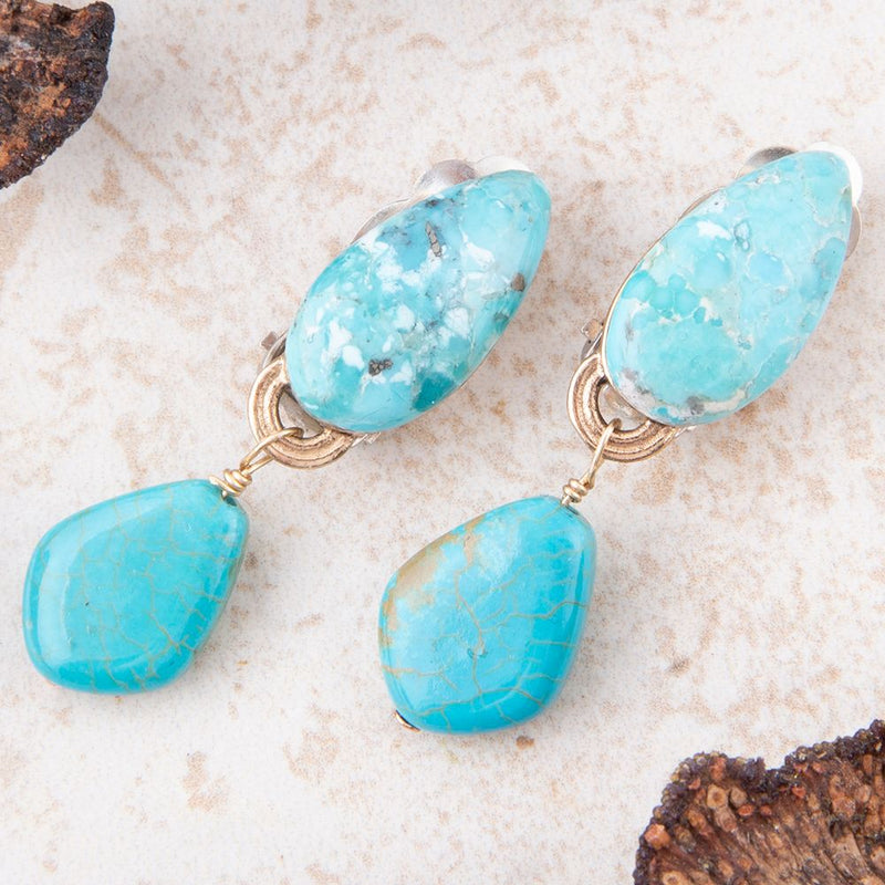 Blue Turquoise Double Golden Drop Clip Earring - Barse Jewelry