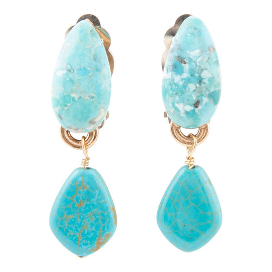 Blue Turquoise Double Golden Drop Clip Earring