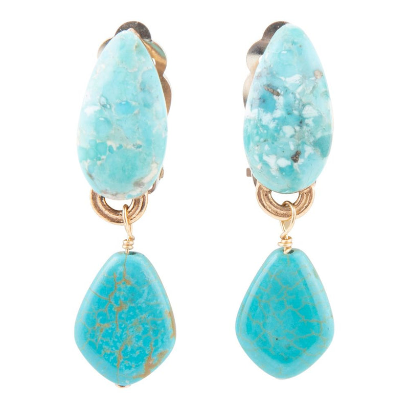 Blue Turquoise Double Golden Drop Clip Earring - Barse Jewelry