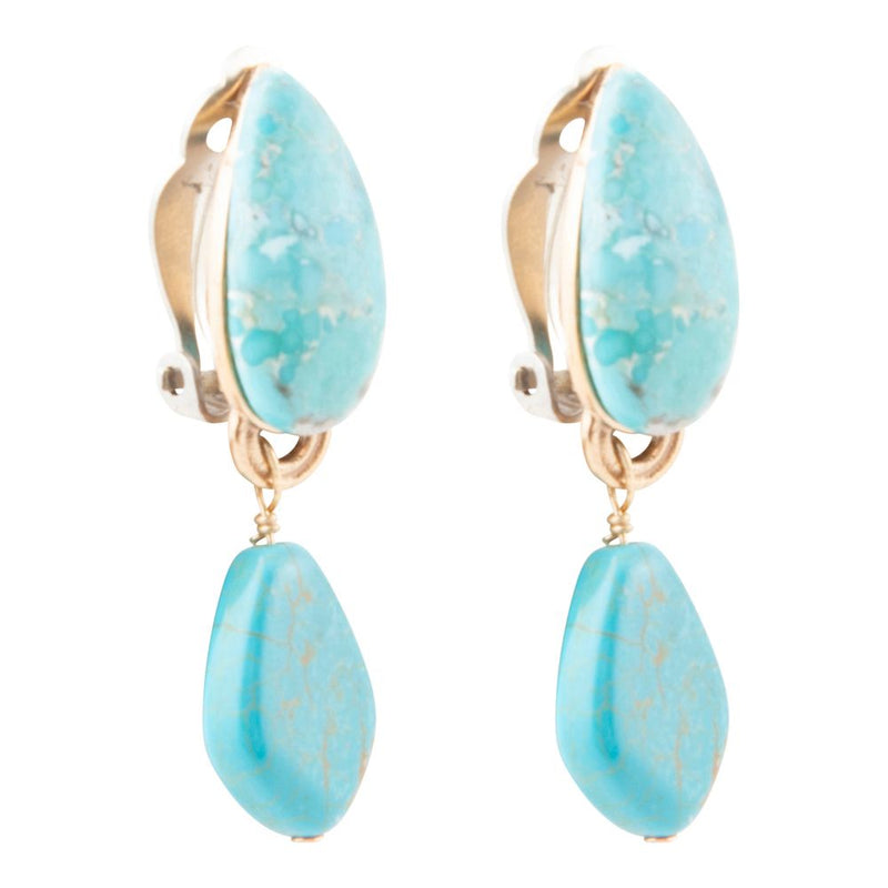 Blue Turquoise Double Golden Drop Clip Earring - Barse Jewelry