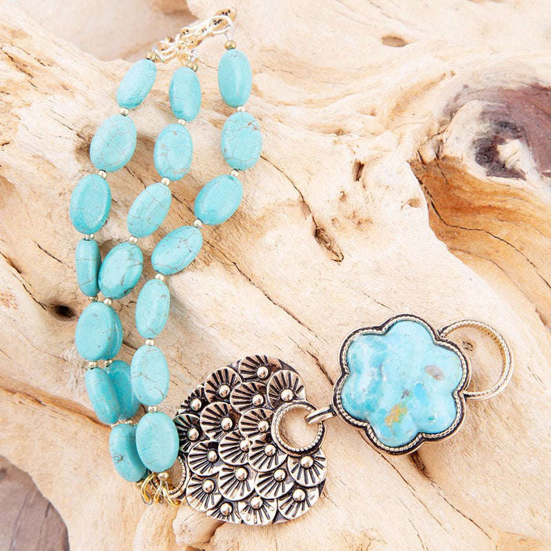 Blue Turquoise Flower Golden Bracelet - Barse Jewelry