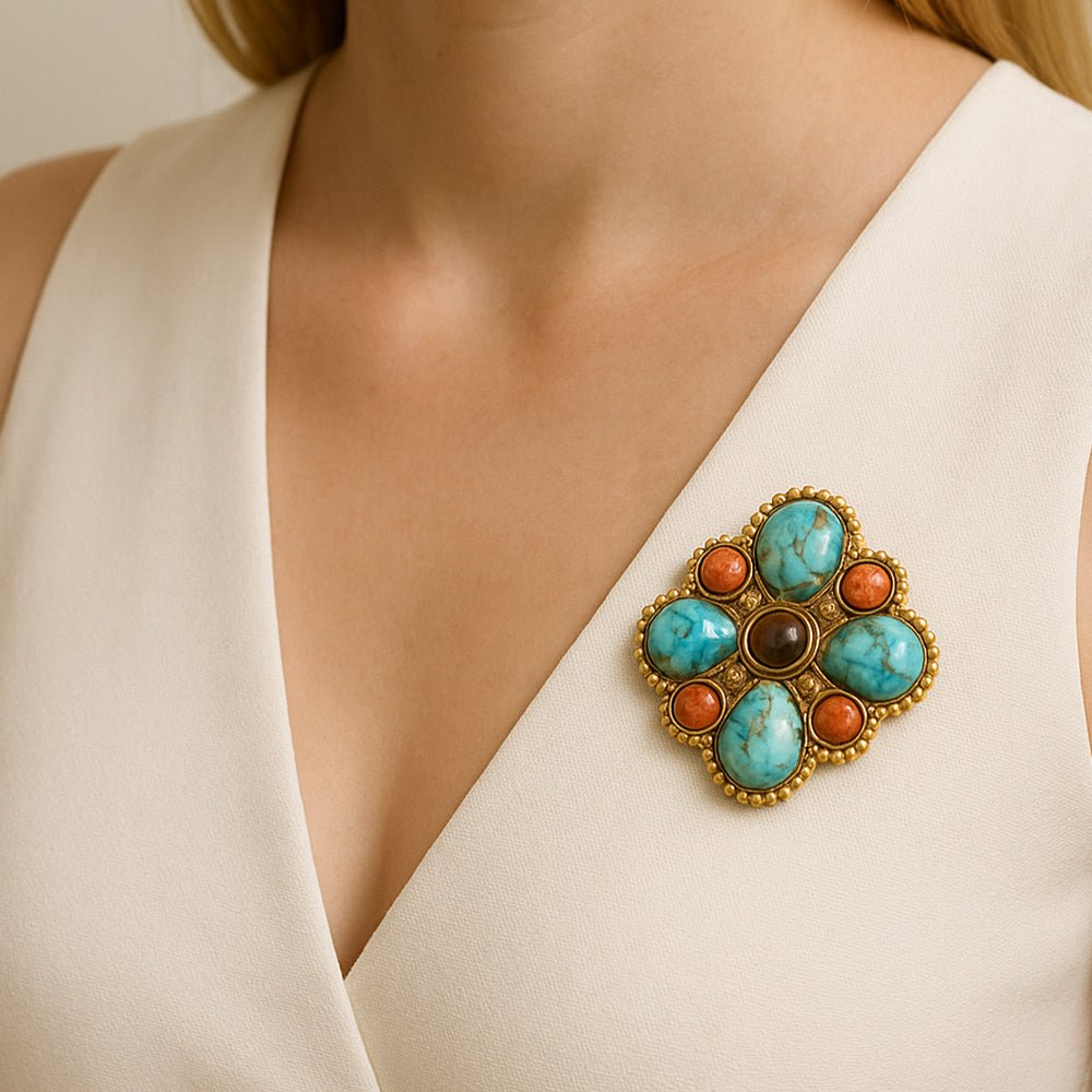 Blue Turquoise Golden Brooch Pin and Pendant - Barse Jewelry