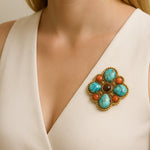 Blue Turquoise Golden Brooch Pin and Pendant - Barse Jewelry