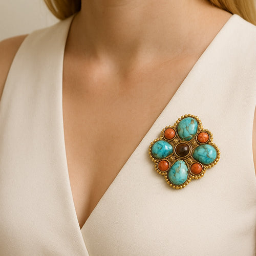 Blue Turquoise Golden Brooch Pin and Pendant - Barse Jewelry