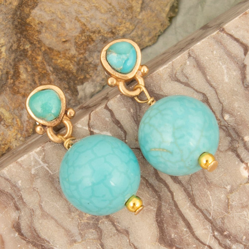 Blue Turquoise Golden Drop Post Earrings - Barse Jewelry