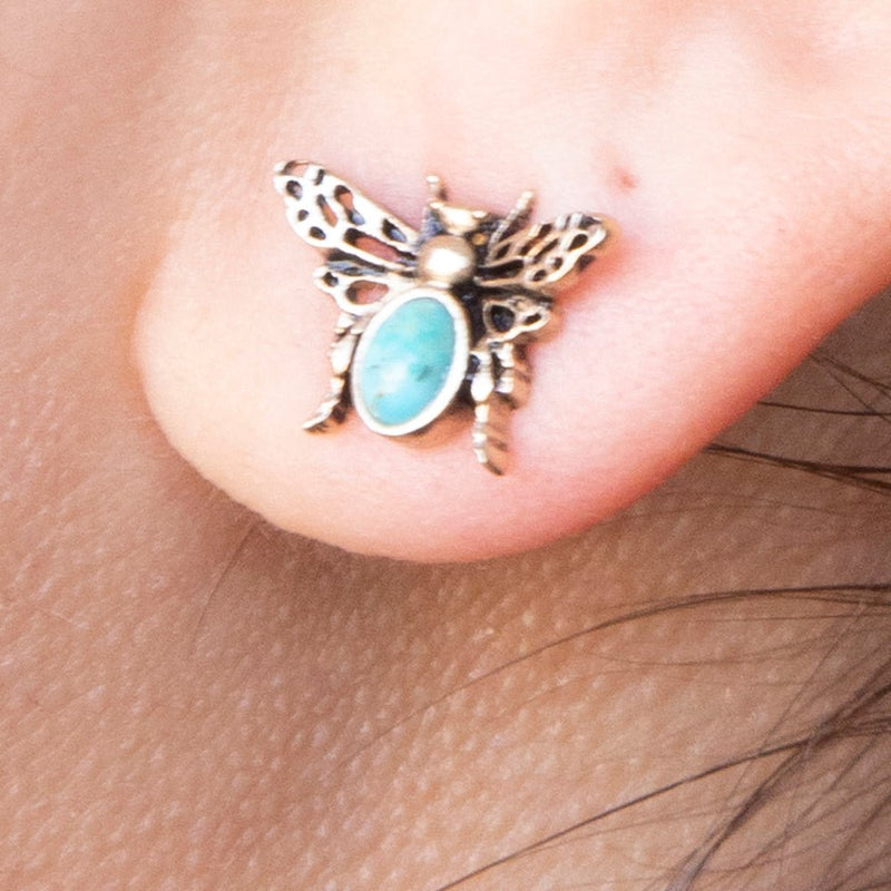 Blue Turquoise Golden Honey Bee Earrings - Barse Jewelry