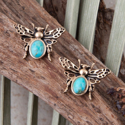 Blue Turquoise Golden Honey Bee Earrings - Barse Jewelry