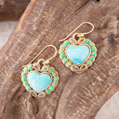 Blue Turquoise Heart Golden Drop Earrings - Barse Jewelry