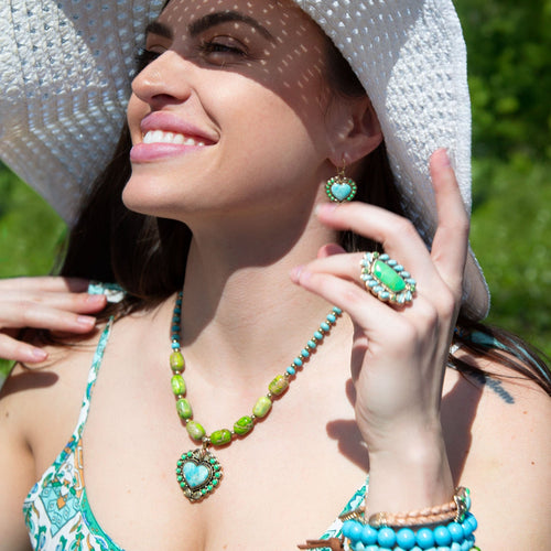 Blue Turquoise Heart Golden Drop Earrings - Barse Jewelry