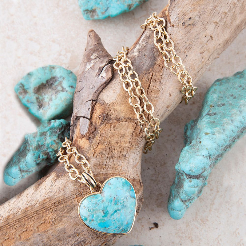 Blue Turquoise Heart Pendant Golden Necklace - Barse Jewelry