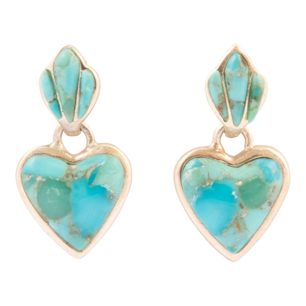Turquoise heart-shaped earrings with gold accents on a white background