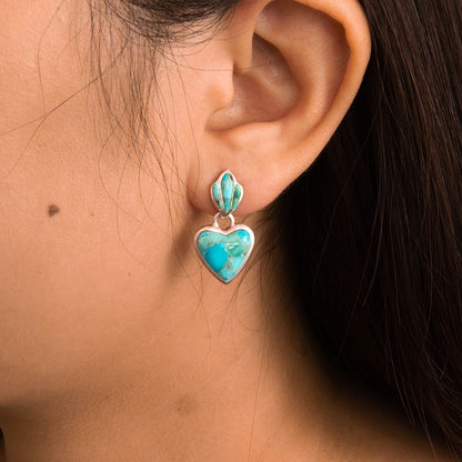 Blue Turquoise Heart Silver Drop Post Earrings