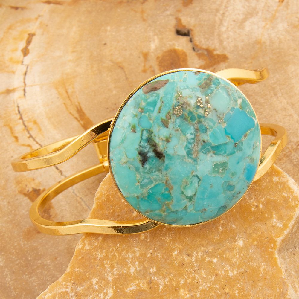 Blue Turquoise Hinged Golden Cuff Bracelet - Barse Jewelry