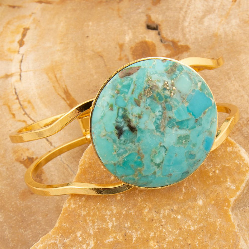 Blue Turquoise Hinged Golden Cuff Bracelet - Barse Jewelry