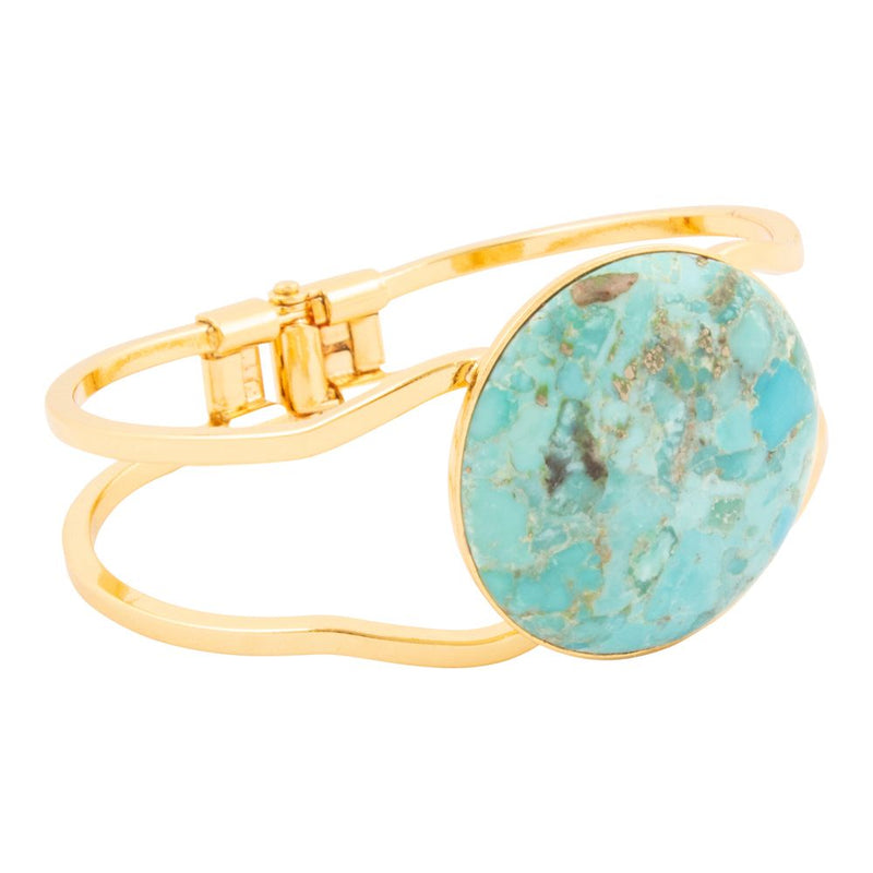 Blue Turquoise Hinged Golden Cuff Bracelet - Barse Jewelry