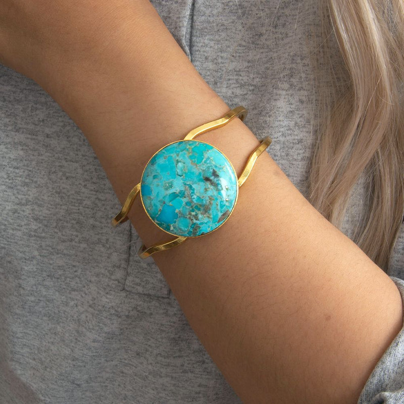 Blue Turquoise Hinged Golden Cuff Bracelet - Barse Jewelry