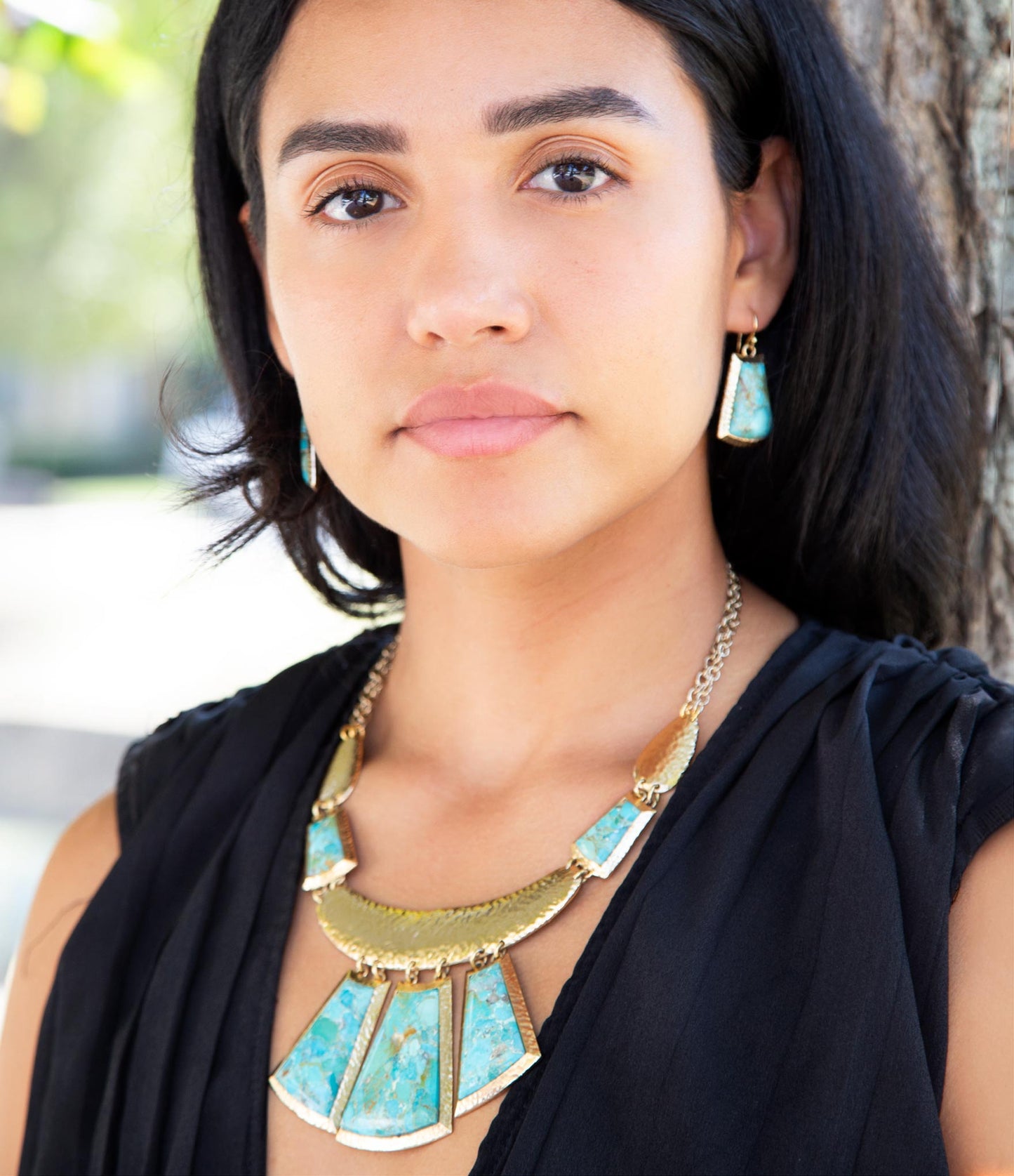 Blue Turquoise Jeweled Statement Golden Necklace - Barse Jewelry