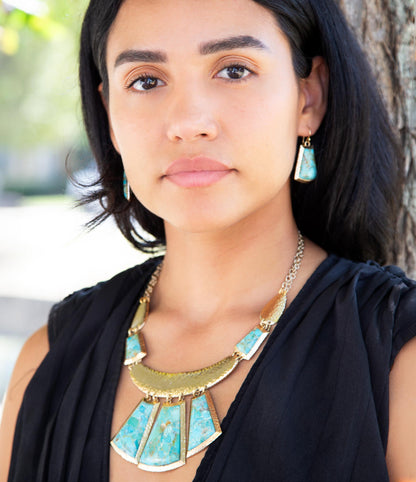 Blue Turquoise Jeweled Statement Golden Necklace - Barse Jewelry
