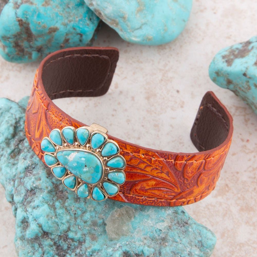 Blue Turquoise Leather Golden Cuff Bracelet – Barse Jewelry