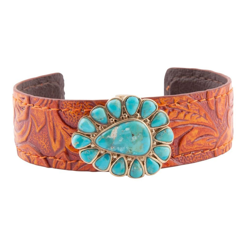 Blue Turquoise Leather Golden Cuff Bracelet - Barse Jewelry