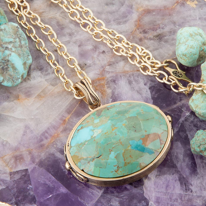 Blue Turquoise Long Golden Chain Necklace - Barse Jewelry
