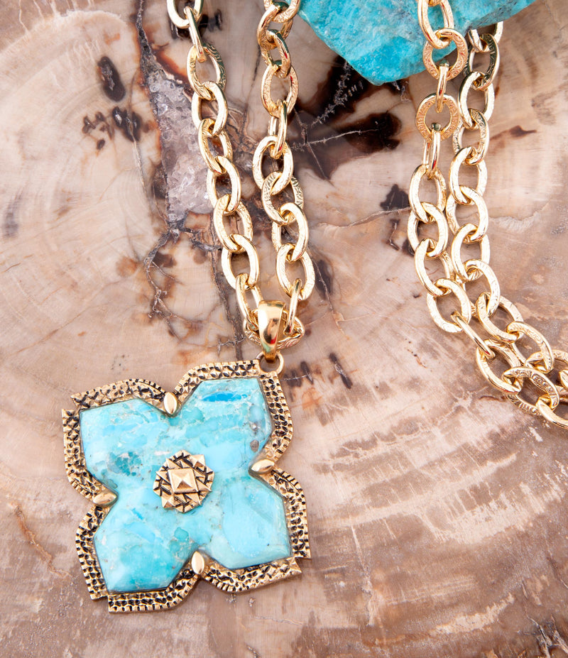 Blue Turquoise Maltese Golden Cross Pendant - Barse Jewelry