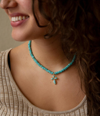 Blue Turquoise on the Cross Pendant Necklace - Barse Jewelry