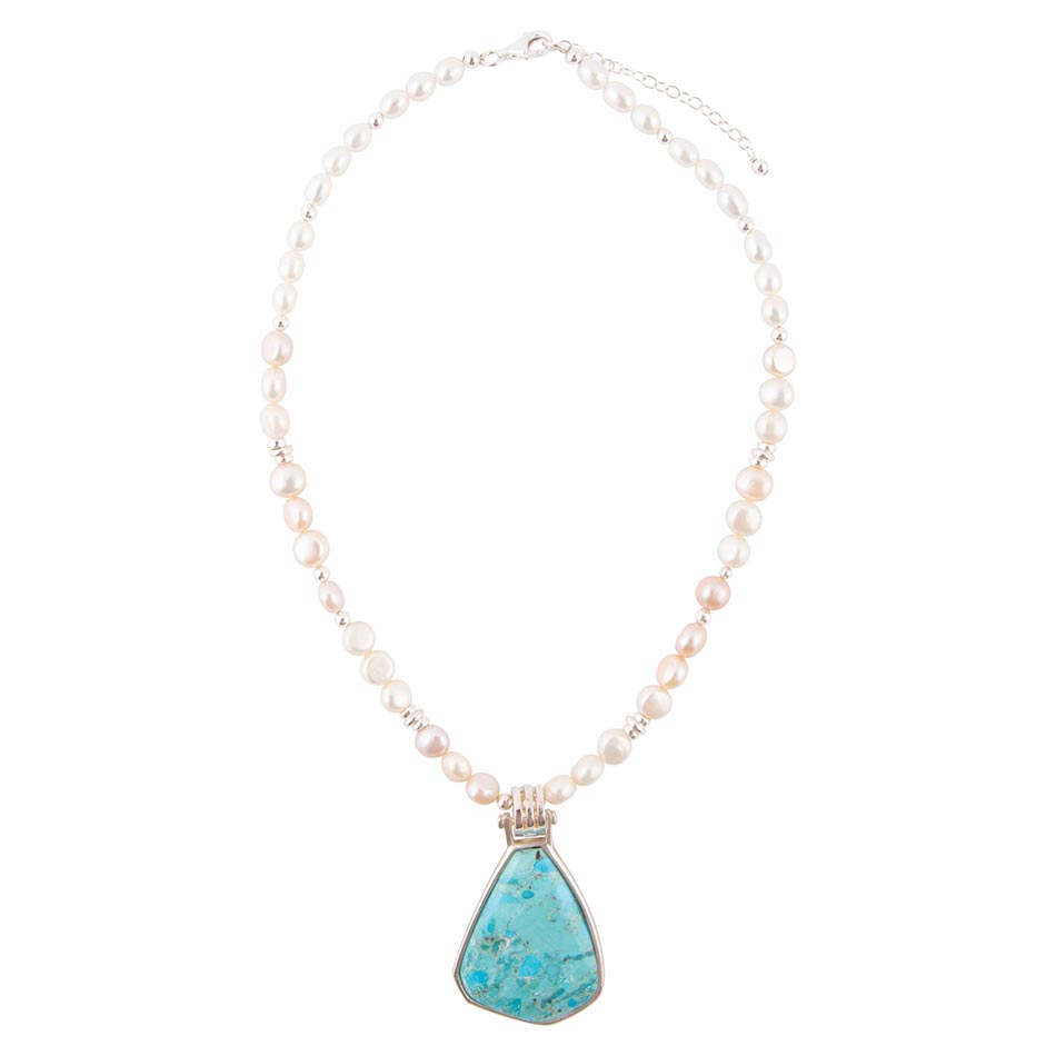 Blue Turquoise Pendant and White Pearl Sterling Silver Necklace - Barse Jewelry