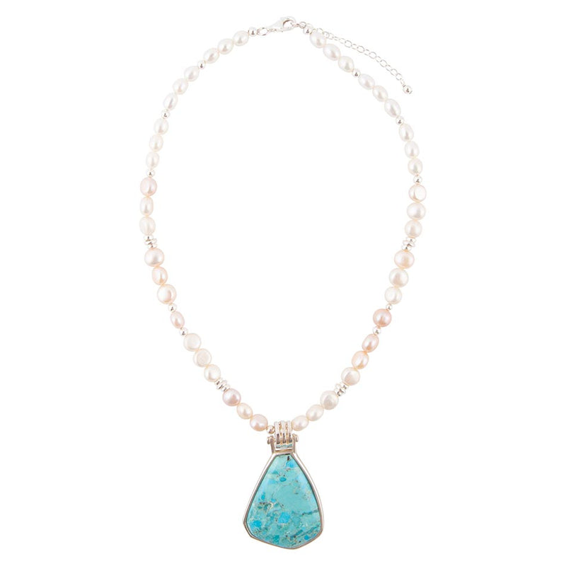 Blue Turquoise Pendant and White Pearl Sterling Silver Necklace - Barse Jewelry