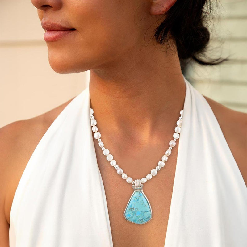 Blue Turquoise Pendant and White Pearl Sterling Silver Necklace - Barse Jewelry