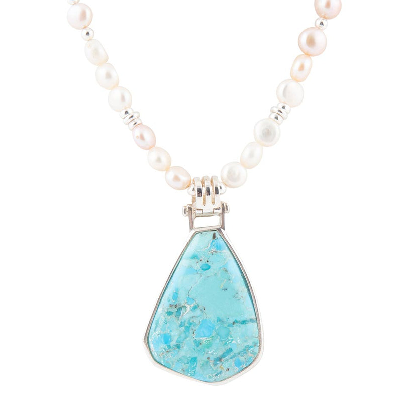Blue Turquoise Pendant and White Pearl Sterling Silver Necklace - Barse Jewelry