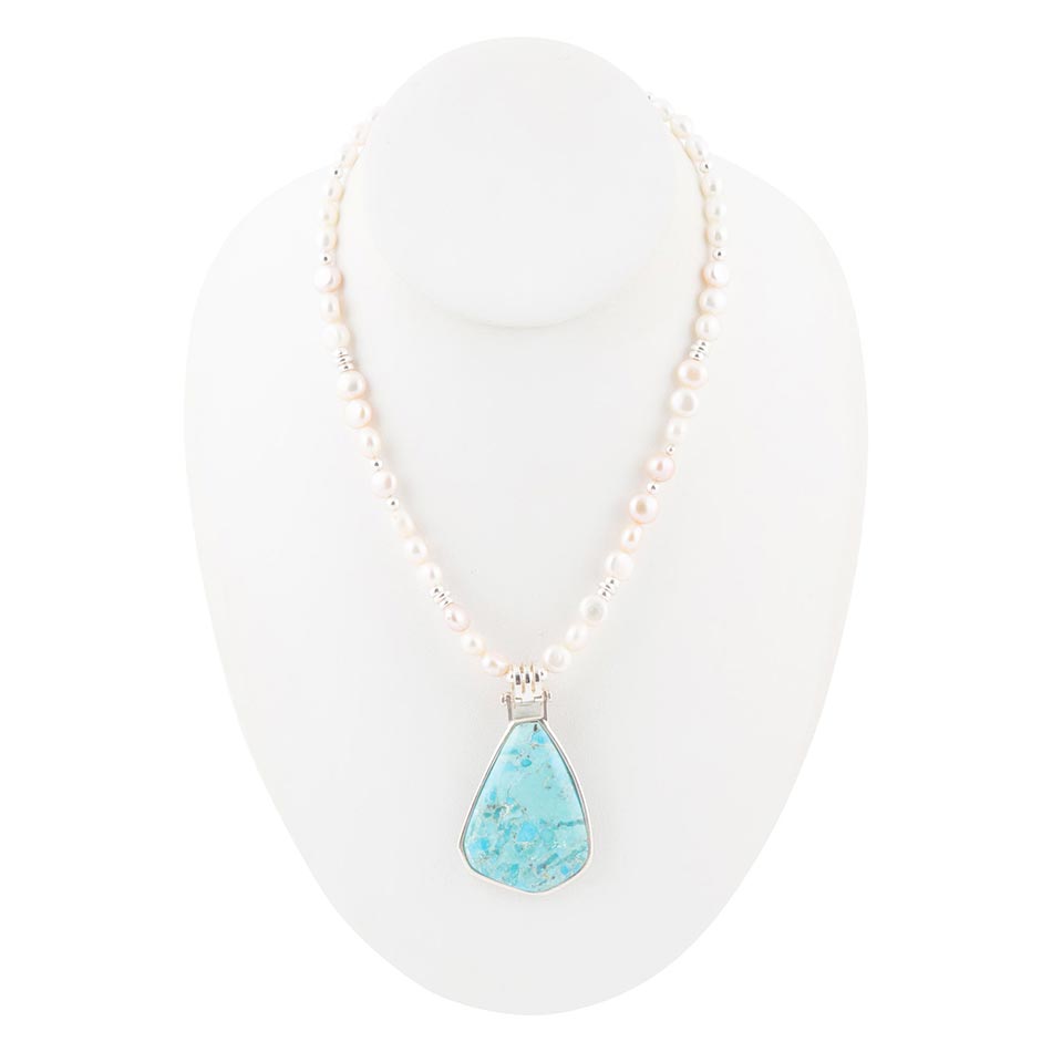 Blue Turquoise Pendant and White Pearl Sterling Silver Necklace - Barse Jewelry