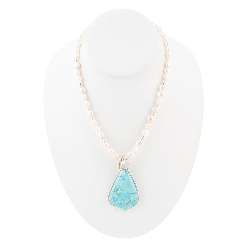 Blue Turquoise Pendant and White Pearl Sterling Silver Necklace - Barse Jewelry