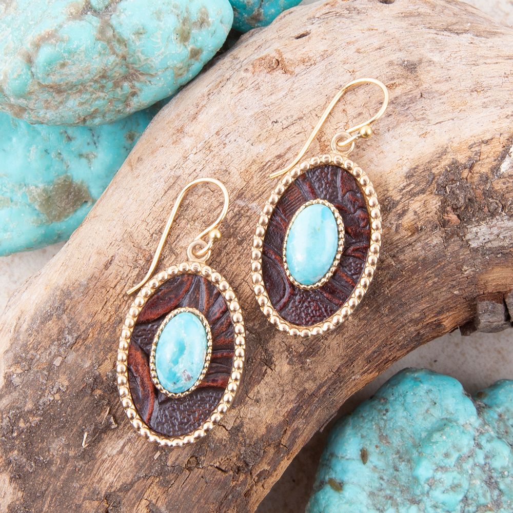 Blue Turquoise Rosette Leather and Golden Drop Earrings - Barse Jewelry