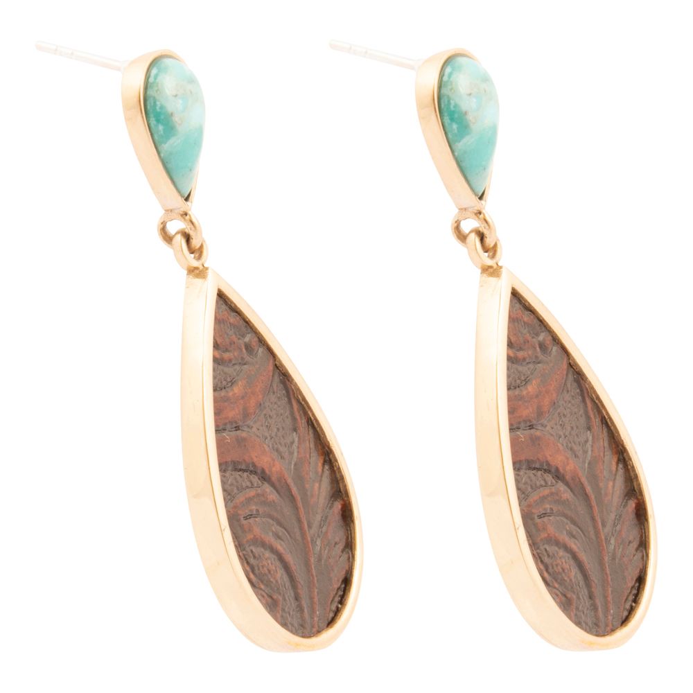 Blue Turquoise Rosette Leather Post Golden Earrings - Barse Jewelry