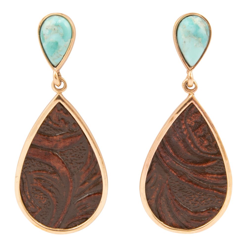 Blue Turquoise Rosette Leather Post Golden Earrings - Barse Jewelry