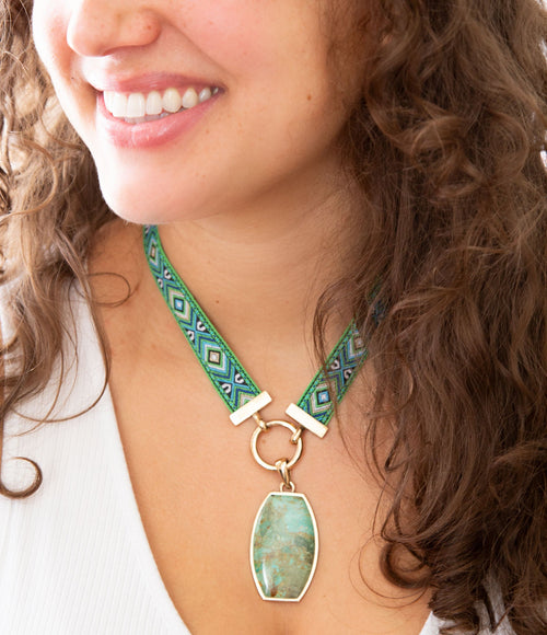 Blue Turquoise Textile Blue and Green Ribbon Necklace - Barse Jewelry