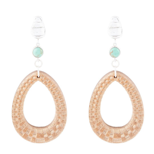 Blue Turquoise Top Carved Wood Sterling Silver Earrings