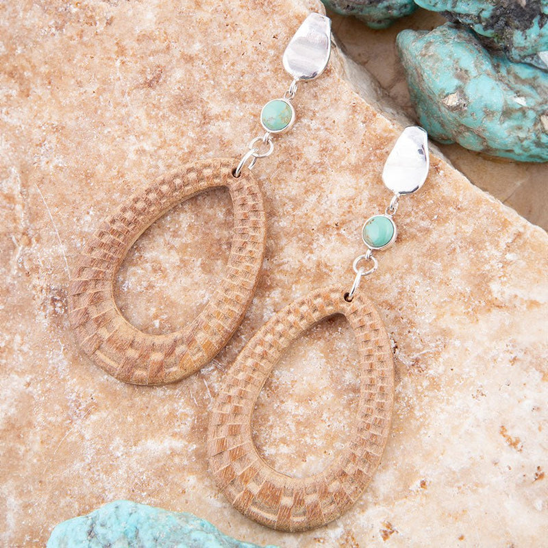 Blue Turquoise Top Carved Wood Sterling Silver Earrings - Barse Jewelry