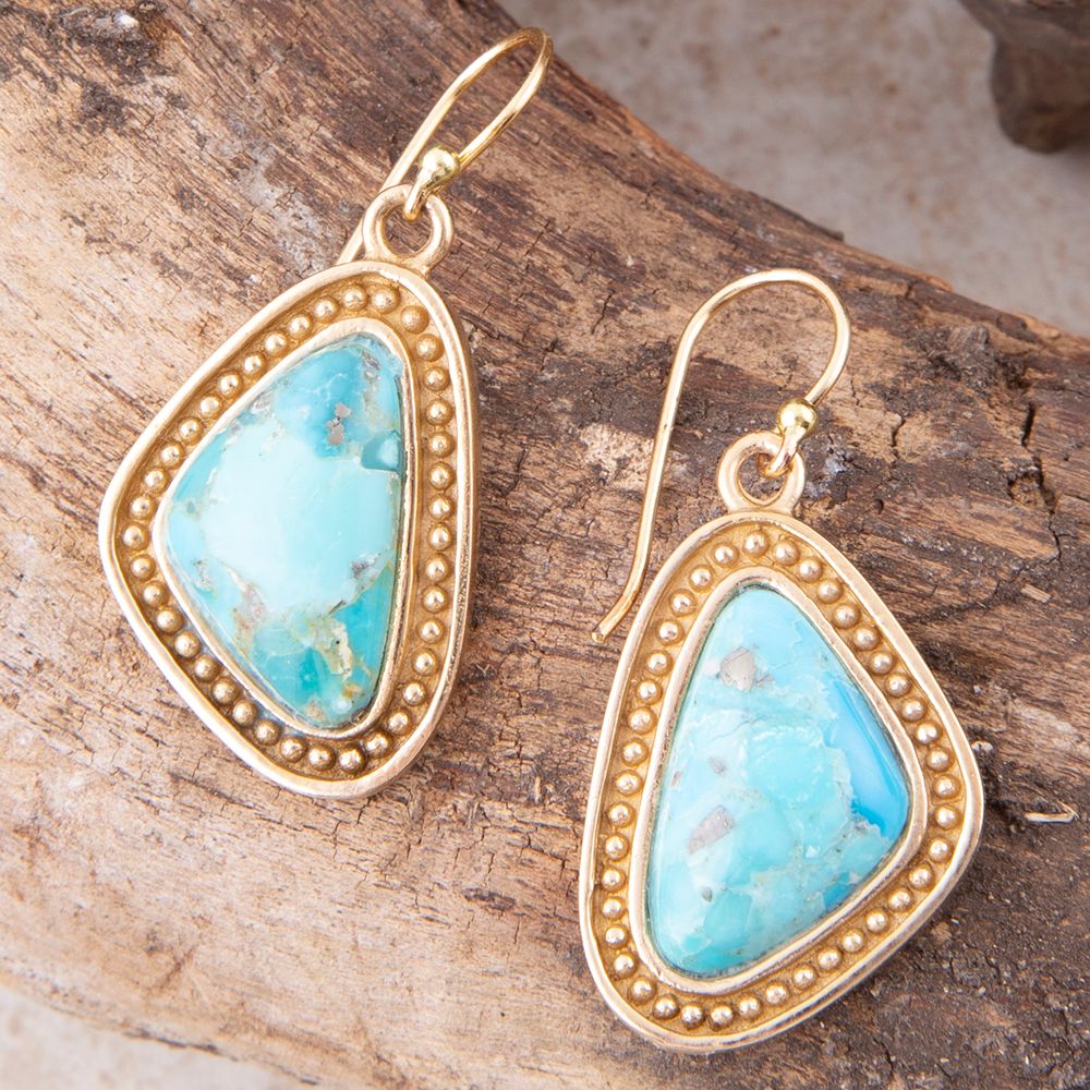 Blue Turquoise Triangle Golden Drop Earrings - Barse Jewelry