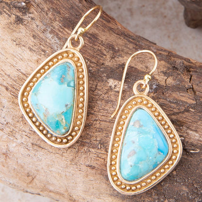 Blue Turquoise Triangle Golden Drop Earrings - Barse Jewelry
