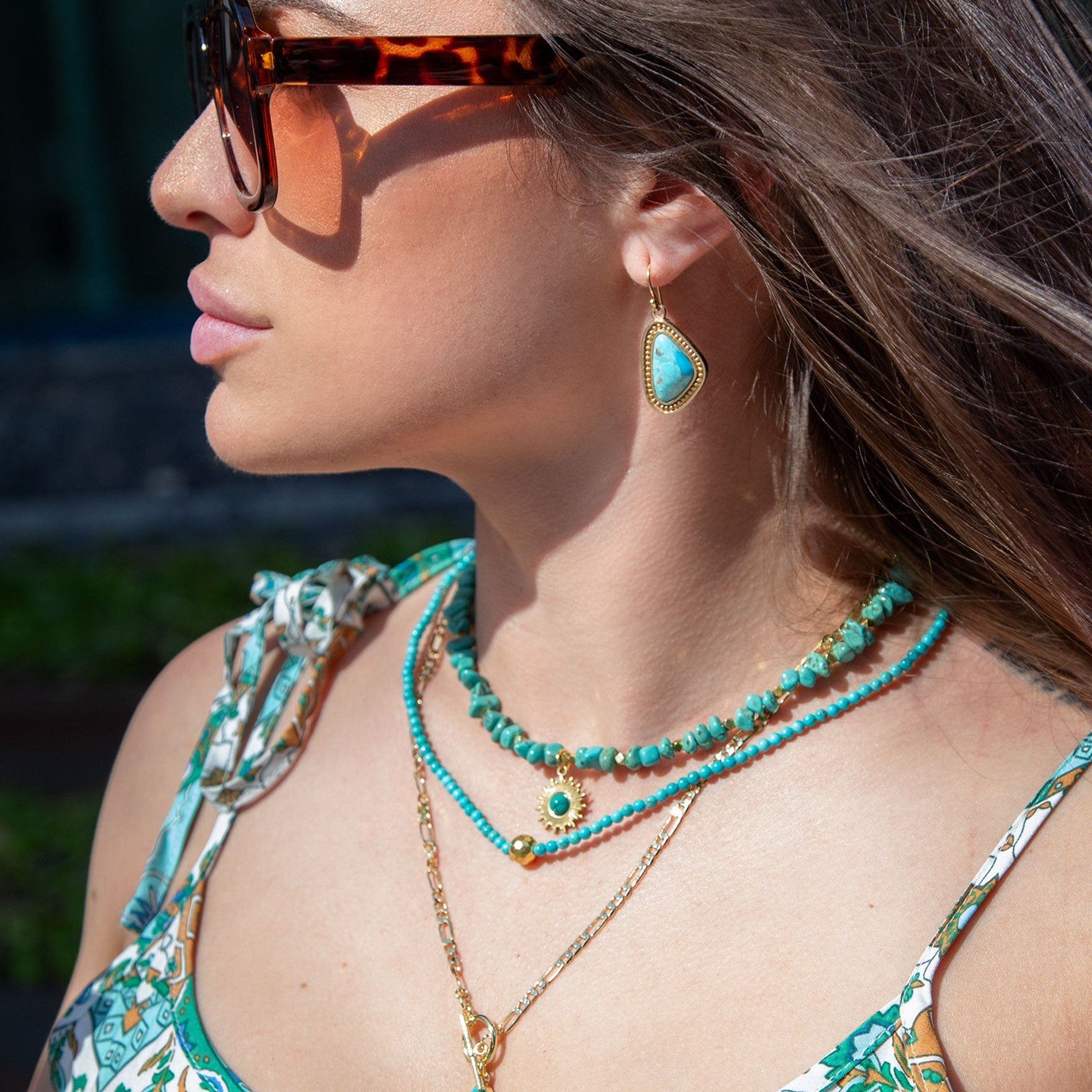 Blue Turquoise Triangle Golden Drop Earrings - Barse Jewelry