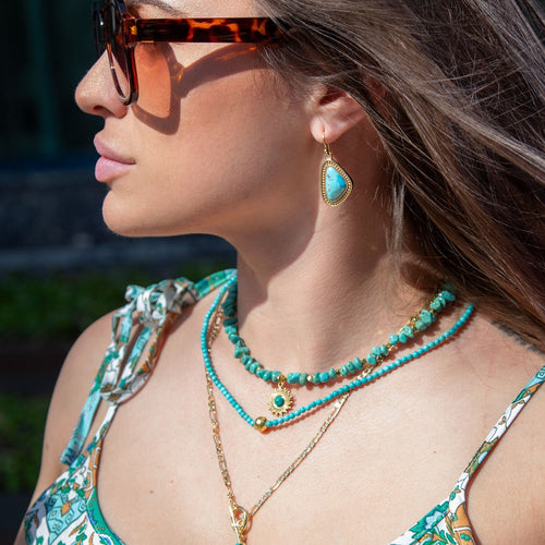 Blue Turquoise Triangle Golden Drop Earrings - Barse Jewelry