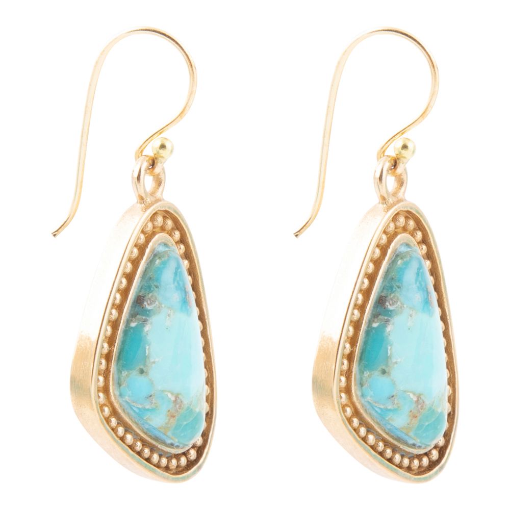 Blue Turquoise Triangle Golden Drop Earrings - Barse Jewelry