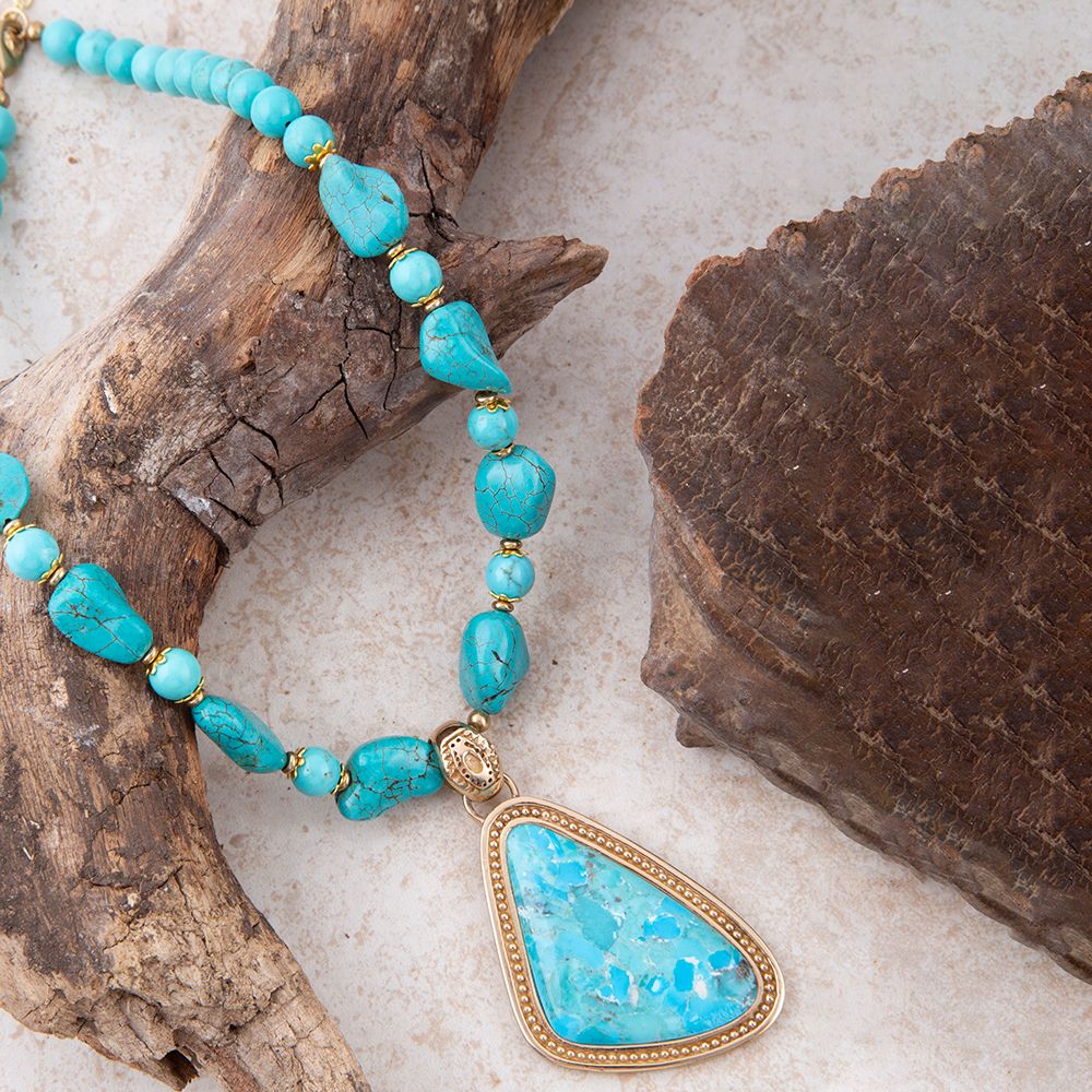 Blue Turquoise Triangle Golden Pendant Necklace - Barse Jewelry