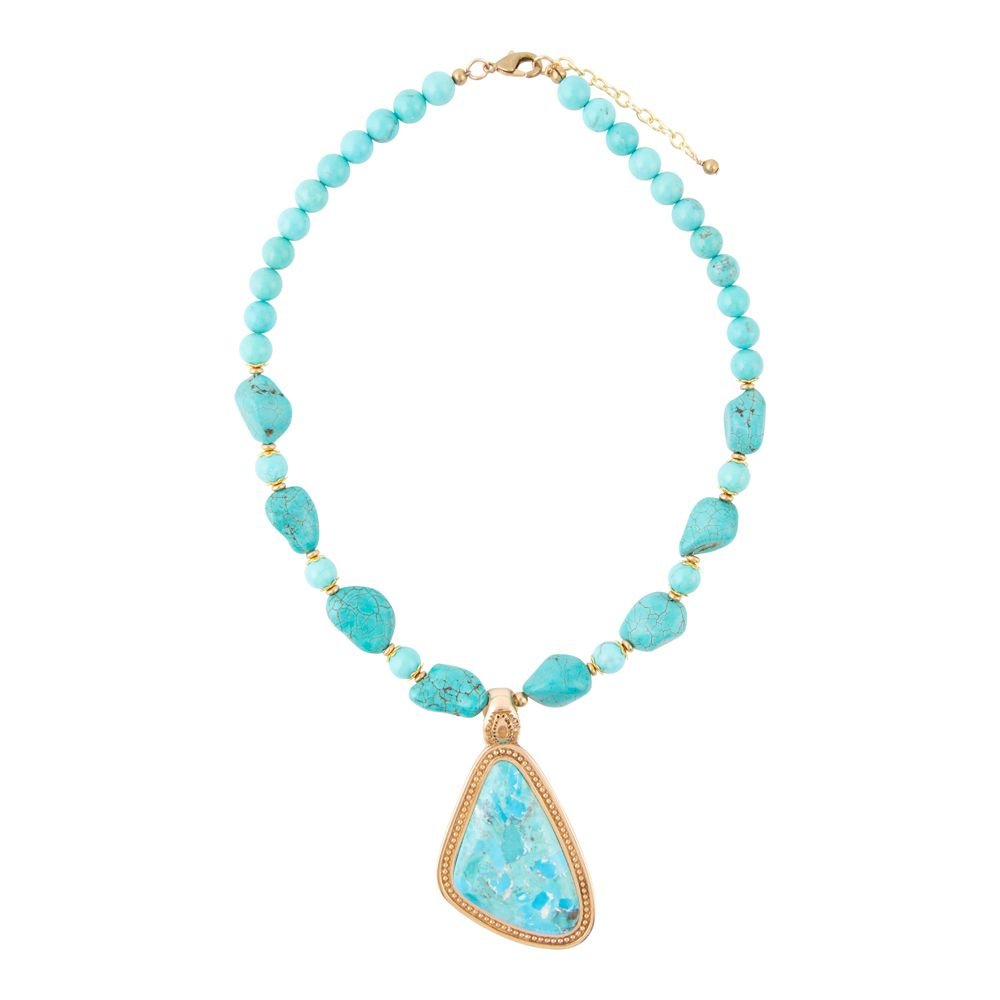 Blue Turquoise Triangle Golden Pendant Necklace - Barse Jewelry