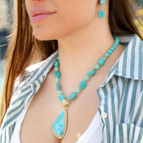 Blue Turquoise Triangle Golden Pendant Necklace - Barse Jewelry