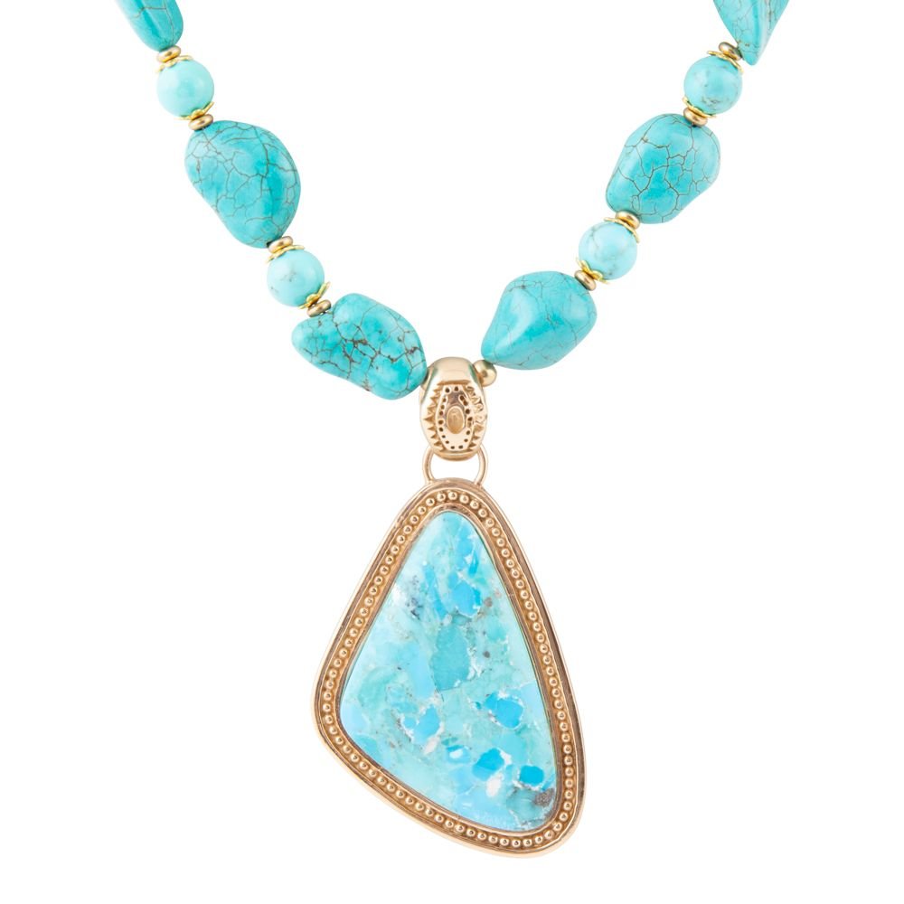 Blue Turquoise Triangle Golden Pendant Necklace - Barse Jewelry