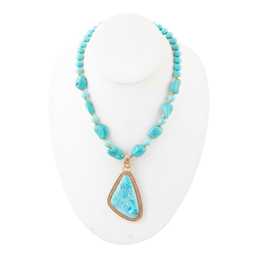 Blue Turquoise Triangle Golden Pendant Necklace - Barse Jewelry