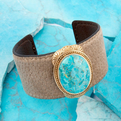 Blue Turquoise Velvet Cuff Golden Bracelet - Barse Jewelry